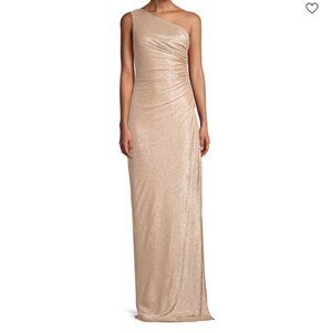 Calvin Klein Ruched Metallic One-Shoulder Gown (Beige, 2)